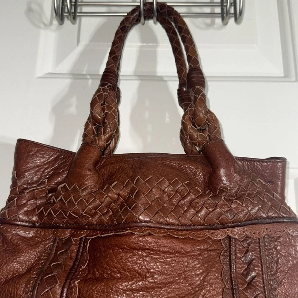 Elliott Luca Brown Pebbled Leather w/ Woven Details Everyday Medium Size Handbag